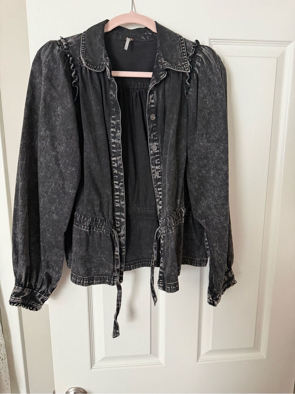 Womens Black Washed Drawstring Denim Shirt